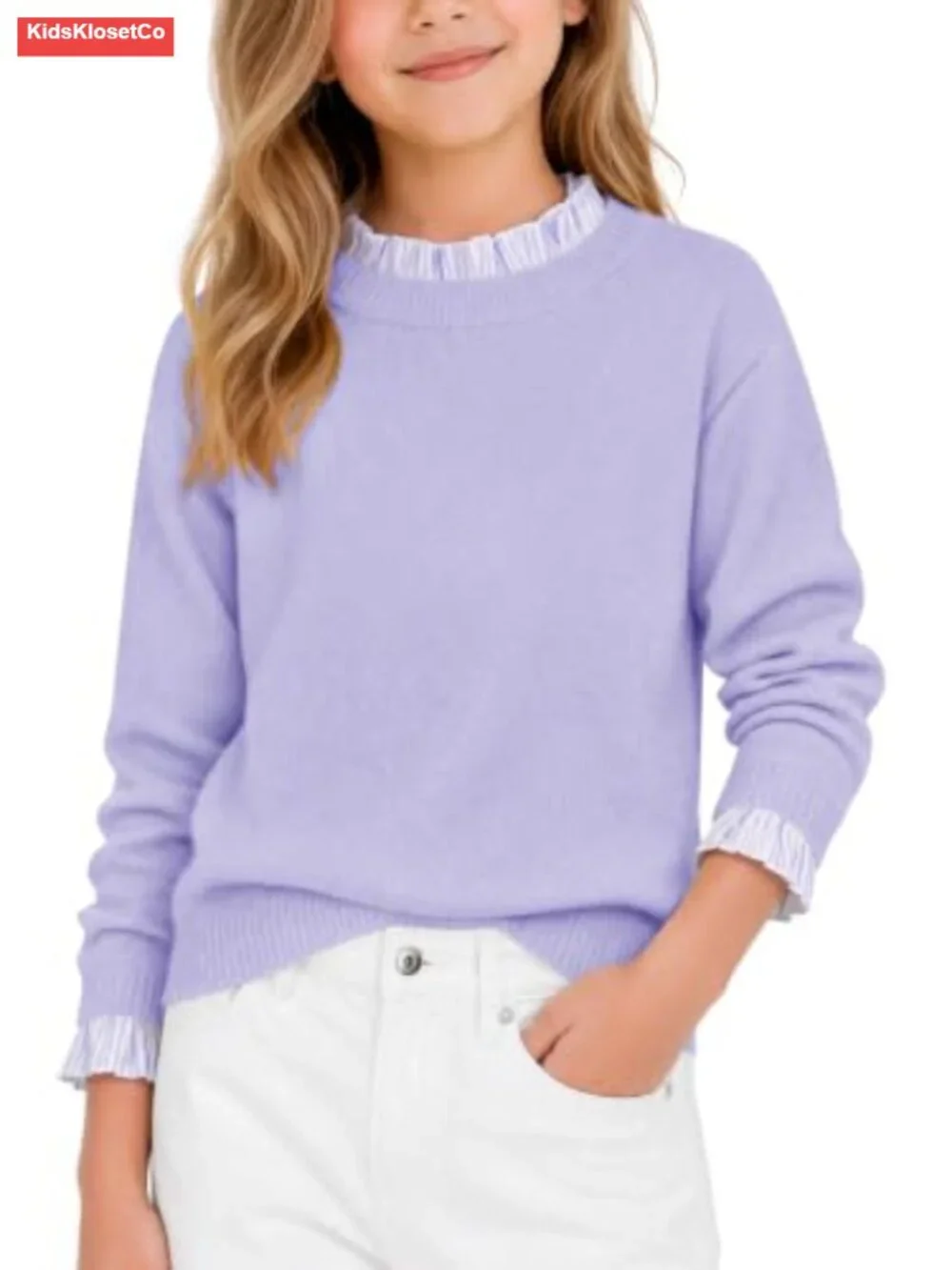 Girls Ruffle Trim Knit Pullover Sweater Long Sleeve Cute Layered Look